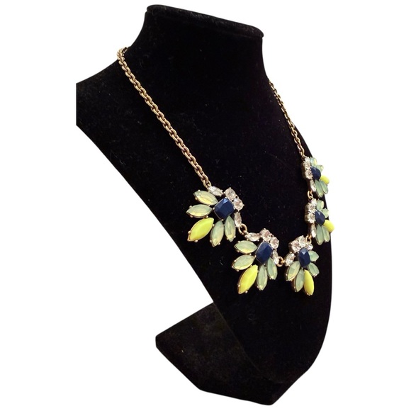 J. CREW Lime Green & Navy Blue w/ Crystals Floral Bib Statement Necklace - Picture 3 of 7
